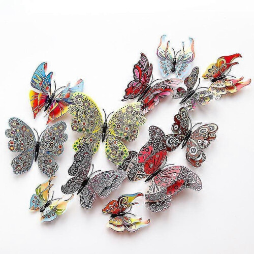 (Chinese Style) 12pcs 3d Double-layer Simulation Butterfly Stickers Creative Simulation Butterfly Refrigerator Self-adhesive Decor