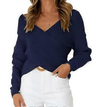 (L,COLOR 3)2023 Women's Long-sleeved V-neck Sweater 2023 Spring And Autumn Cross Front Plain Casual Loose Pullover Sweater For Ladies