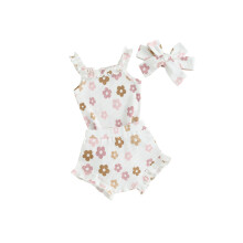 (0-3 Months, White) Ensemble pour bébé fille, barboteuse sans manches à fleurs avec short et bandeau, tenue d'été