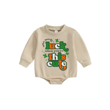 (3-6 Months, Beige) Romper Leanbh, Culaith Fhómhair le Muineál Crew, Prionta Litreacha Seamróige, do Chailíní agus Buachaillí
