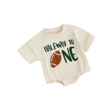 (3-6 Months, Beige) Detský bublinkový overal s futbalovou potlačou, krátke rukávy, okrúhly výstrih, body pre dojčatá