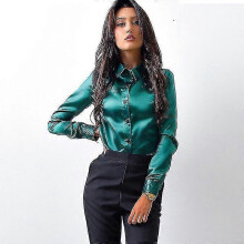 (S,green)Blusa Women Blouse Elegant Wine Red Green Satin Shirt Turn Down Collar Longth Sleeve Female Formal Office Ol Blouse Women Tops