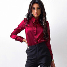 (XXL,Red)Blusa Women Blouse Elegant Wine Red Green Satin Shirt Turn Down Collar Longth Sleeve Female Formal Office Ol Blouse Women Tops