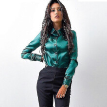 (L,green)Blusa Women Blouse Elegant Wine Red Green Satin Shirt Turn Down Collar Longth Sleeve Female Formal Office Ol Blouse Women Tops