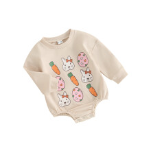 (0-3 Months, Beige) Barboteuse bébé fille, manches longues, col rond, imprimé lapins et œufs, vêtements automne-Pâques
