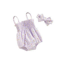 (12-18 Months, Purple) Ensemble été nouveau-né fille, barboteuse plissée sans manches à fleurs et bandeau cheveux.