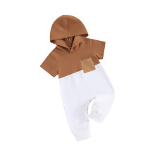 (12-18 Months, Brown) Combinaison d'été à capuche pour bébé garçon, manches courtes, poches, barboteuse longue colorée