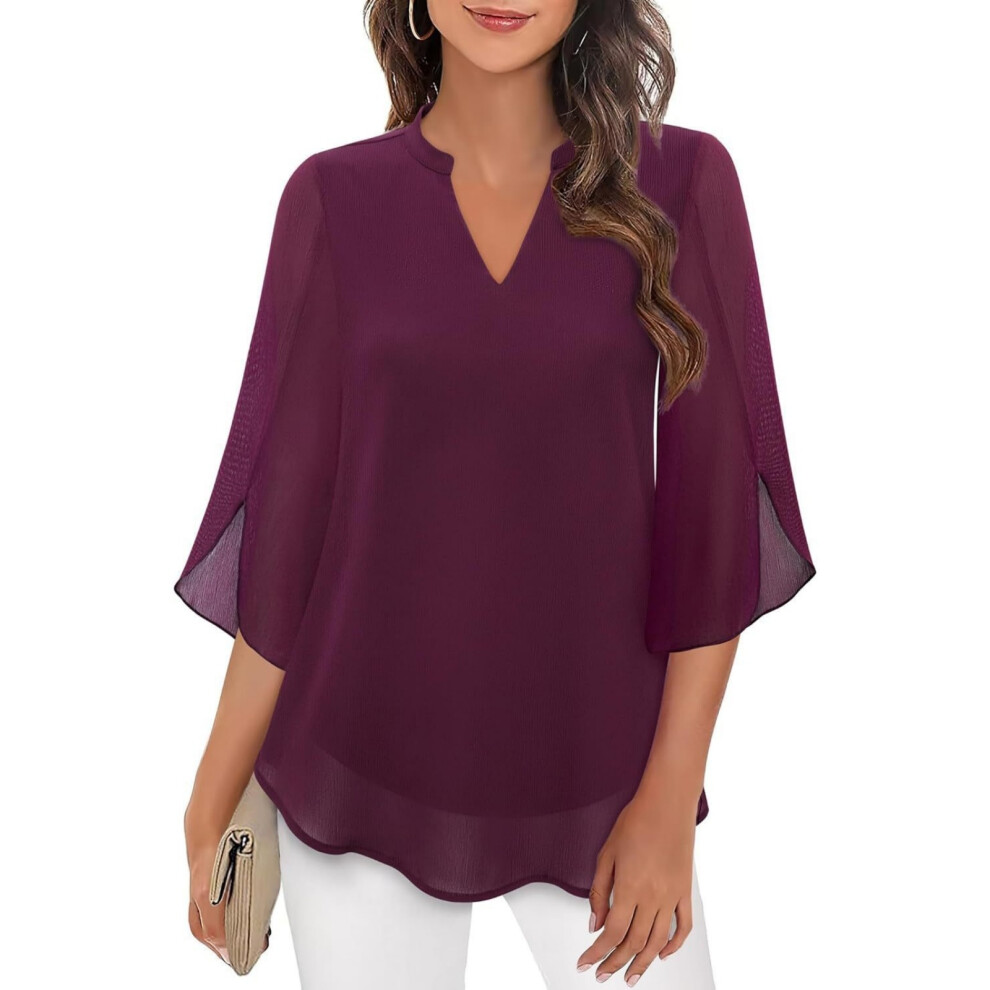 Burgundy Womens Tops Dressy Casual Ruffle 3/4 Sleeve V Neck- Xl
