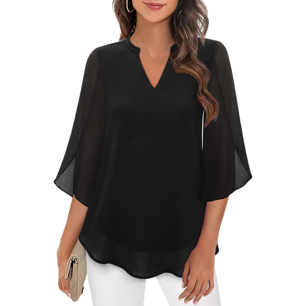 Black Womens Tops Dressy Casual Ruffle 3/4 Sleeve V Neck- Xl