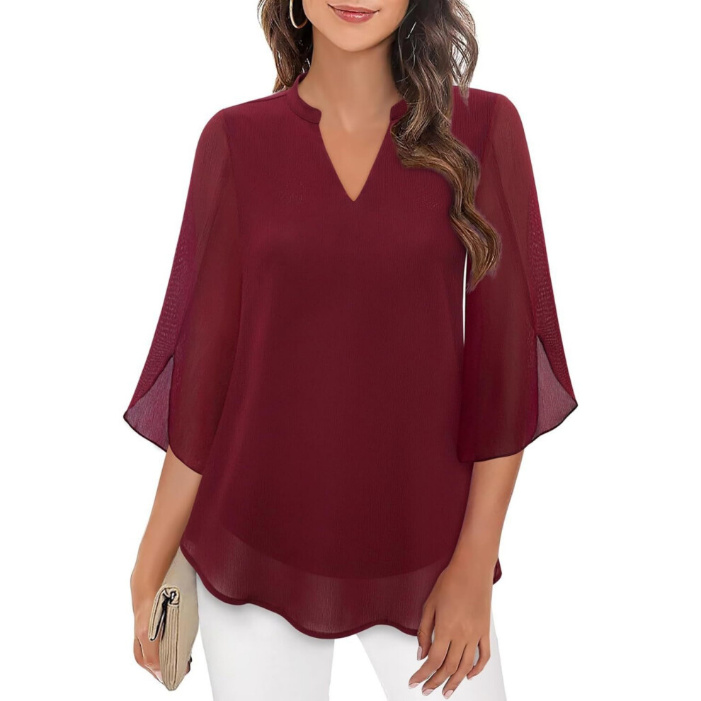 Red Womens Tops Dressy Casual Ruffle 3/4 Sleeve V Neck- Xl
