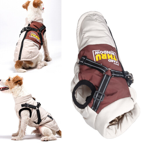 Large Dog Cotton Coat Waterproof Windproof-white brown L. 2