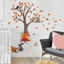 Squirrels Wall Stickers Pines Tree Stick Wall Art Decals for Kids Bedroom Playroom Living Room Home Ornament