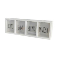 (White)Wooden Piggy Bank Money Saving Box Rustic for Bills with 4 Compartments Change