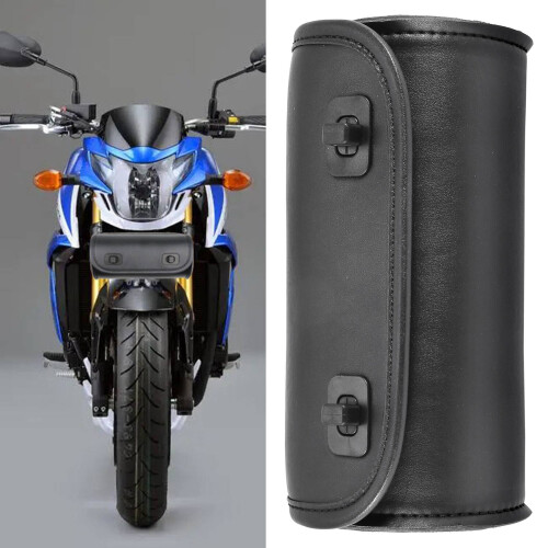 Motorcycle Fork Bag PU Leather Handlebar Tool Pouch Sissy Bar Roll Storage Bag Saddle Bag with 2 Straps, Universal 1