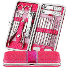 (Red) 18pcs Nail Clippers Set Stainless Travel Beauty Kit With Leather Case - Pjun