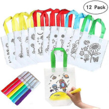 Coloring Bag, 12 PCS Coloring Bag with 6 PCS Pen for Kids Cloth Kids Birthday Gift Bag Reusable Handbags - RIpj