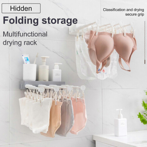(Gray) Wall-mounted Retractable Folding Underwear Drying Rack, Dormitory Free Punching Clothespin - Pengj 1