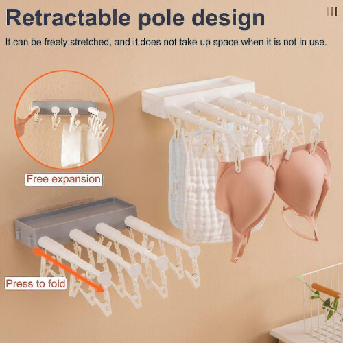 (Gray) Wall-mounted Retractable Folding Underwear Drying Rack, Dormitory Free Punching Clothespin - Pengj 2