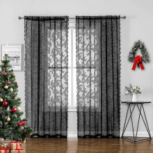 Black Lace Christmas Curtains for Bedroom 100*200cm Vintage Floral Embroidered Sheer Voile Window Sets Durable Rose Lace Fabric Rod Pocket Curtain Dra