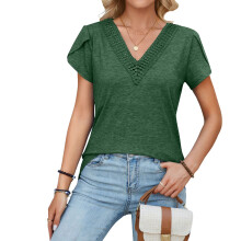 Women's Patchwork V-neck Petal Sleeve Color Casual-Green S