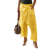 Women Cotton Pants Wide Leg Pants Casual Loose Elastic-Yellow M
