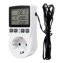 Digitale temperatuurregelaar met stopcontact (EU-stekker), thermostaat met timer, schakelaar en sensor, geschikt voor verwarming en koeling.