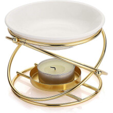 (Gold) Metal Essential Oil Burner Wax Melt Burner With Ceramic Bowl, Home Decorative Tea Light Candle Holder Aroma Diffuser, Round Shape - PR