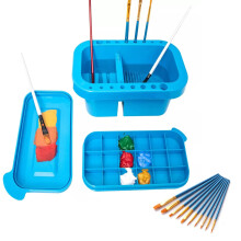 Paint Brush Washer 3 Level Cleaning Basin with 16 Hole Holder and Blending Palette Blue