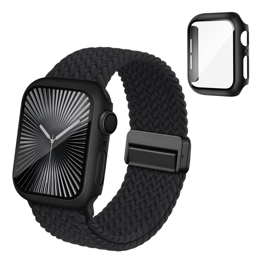 Magnetic Braided Nylon Band With Impactresistant Case For Apple Watch 4046Mm, Breathable Stretchy Black 9073542807155