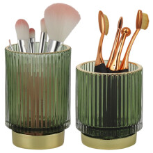 Set of 2 Green Glass Makeup Brush Holders, Vintage MetalTrim Organizer Set for Vanity or Desk Storage