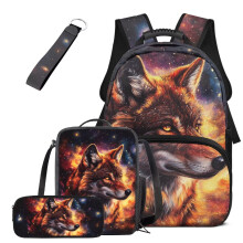 Galaxy Wolf Backpack for Boys School, 4in1 Set with Lunch Bag, Pencil Case, Water‑Resistant, Large Capacity