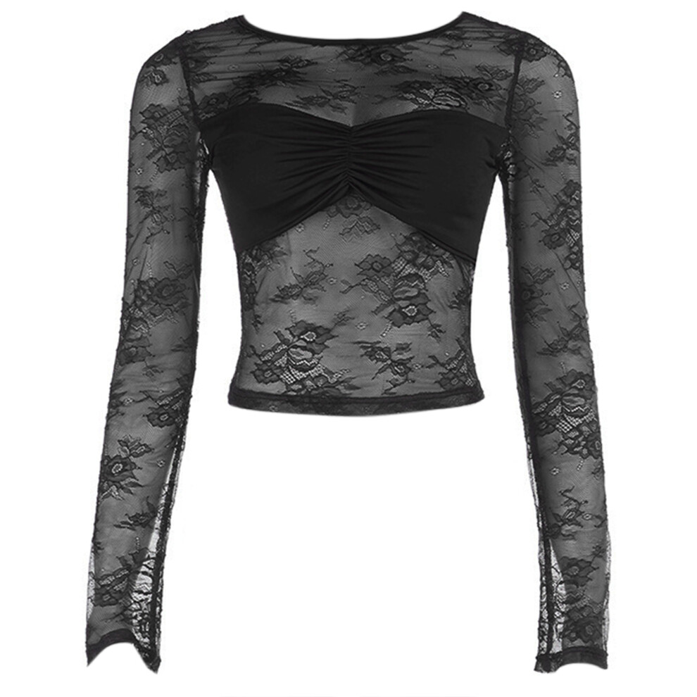 Lace Long Sleeve Mesh Top Mock Neck Sheer Blouse See-Black L