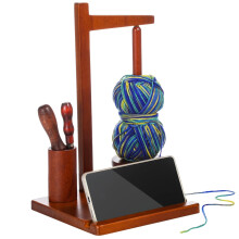 Wooden Yarn Spinner with Crochet Hook Holder and Phone Stand, Smooth Rotating Yarn Organizer for Knitting