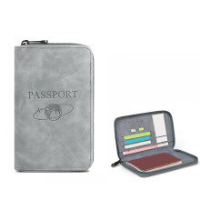RFID Passport Holder and Travel Wallet for Women and Men, Waterproof PU Leather Organizer with Card Slots and Zipper Closure, Gray