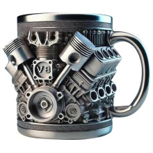 V8-motor roestvrijstalen koffiemok, koffiebeker met automotormotief en geïsoleerd handvat voor autoliefhebbers.