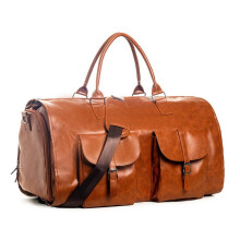 Travel Duffel Garment Bag for Men, Waterproof Leather Weekender with Large Shoe Compartment, Brown