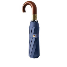 Windproof Automatic Umbrella with Solid Wooden Handle, Auto Open, Sun and Rain Protection, Blue