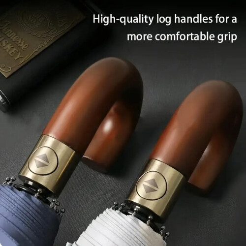 Windproof Automatic Umbrella with Solid Wooden Handle, Auto Open, Sun and Rain Protection, Blue 1