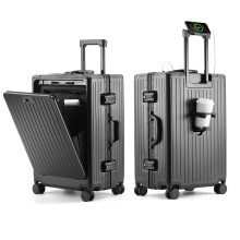 Zipperless Aluminum Frame Carry On Luggage with USB Charging Port, TSA Lock Spinner Suitcase 24' Black