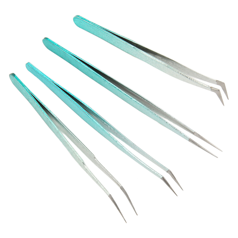 4Pcs False Eyelash Tweezer Set: Straight & Curved