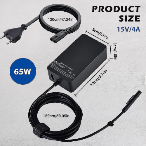 Carregador Surface Pro, 65 W 15 V 4 A, compatível com Microsoft Surface Laptop 4/3/2/1, Surface Book 1/2, Surface Pro 3/4/5/6/7/8/9/x e Surface Go. 1