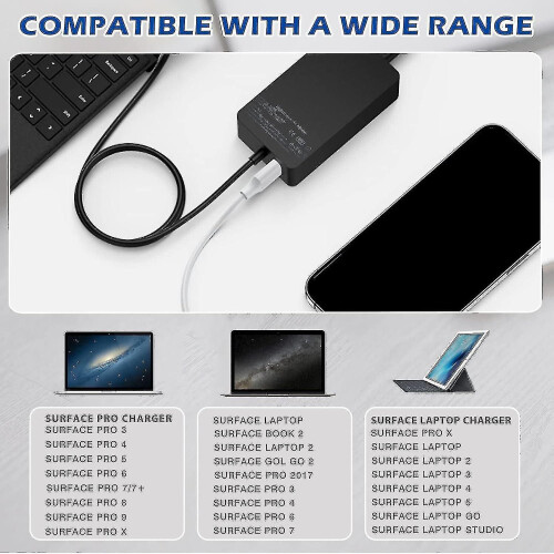 Carregador Surface Pro, 65 W 15 V 4 A, compatível com Microsoft Surface Laptop 4/3/2/1, Surface Book 1/2, Surface Pro 3/4/5/6/7/8/9/x e Surface Go. 2