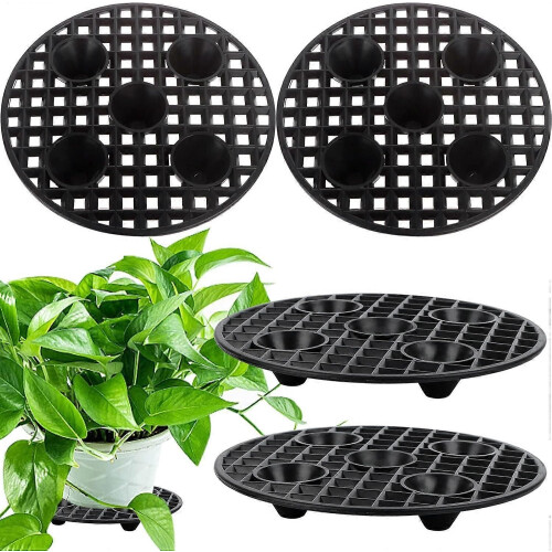 Ensemble de 4 supports pour pots de fleurs ronds noirs, robustes et faciles à monter.