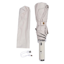 Portable Fan Umbrella with Rechargeable Cooling Fan, Automatic Folding Windproof 10Rib Double Layer Sun Rain Protection (Beige)
