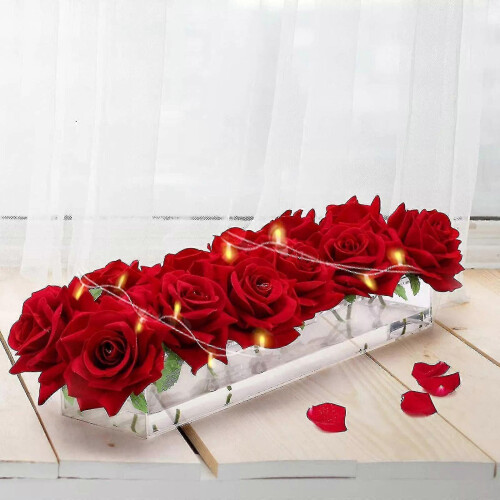 (M, 22 holes) Clear Acrylic Flower Vase Rectangular Floral Centerpiece For Dining Table(with Light) 1