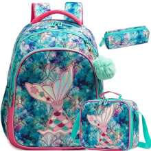 Girls School Backpack Set Mermaid Design 3 in 1 Bookbag Lunch Bag Pencil Case Large Capacity (128023)
