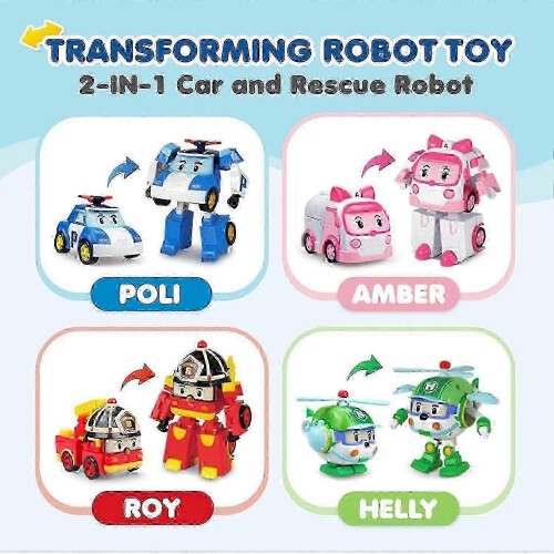 SBSG Robocar Poli 4 Pack Poli + Amber + Roy + Helly Transforming Robot Toys, 4" Transformable Action 2