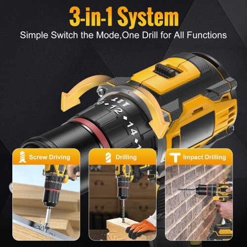Cordless Drill Brushless Impact Driver Set 52Nm Combi Kit + 2*Batteries & Bits 1