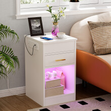 LED Bedside Table w/Drawer & Flip-Top Bedside Cabinet with Charging Station & Open Shelf for Bedroom