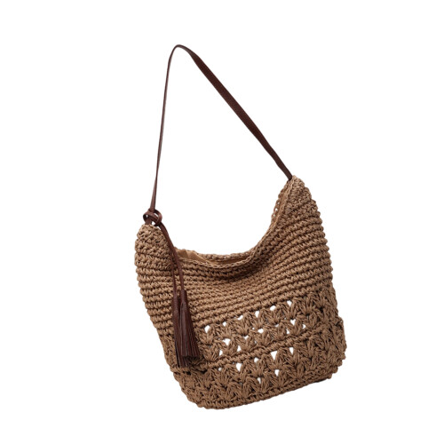 Modische, freundliche Strohhandtasche, geräumiges Design,-Khaki
